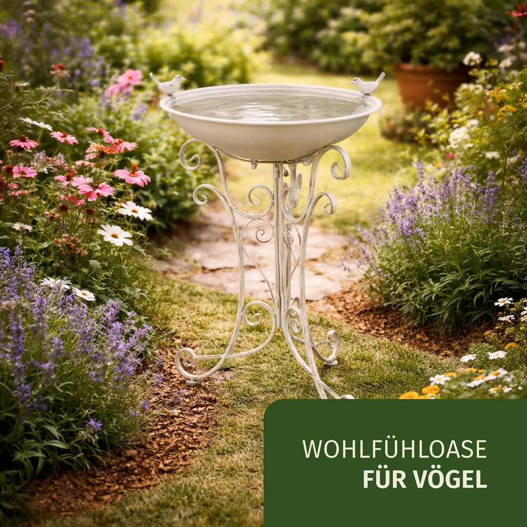 Moritz Vogeltränke XL Vogelbad weiss mit kleinem Vogel auf der Wasserschale Höhe 72cm stehend Vogelb