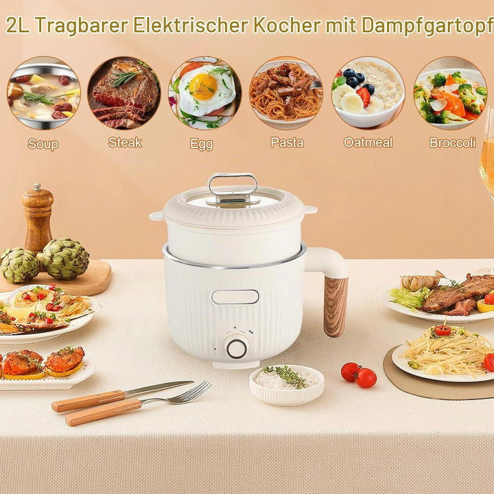 Elektrische Hot Pot, 2L Tragbare Mini Antihaft Multikocher Mit Dämpfkorb, Edelstahl Elektrischer Koc