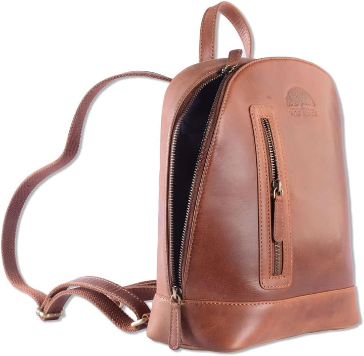 WILD WOODS Rucksack Leder Schulrucksack Fahrradrucksack Wanderrucksack Lederrucksack Rindsleder Cogn