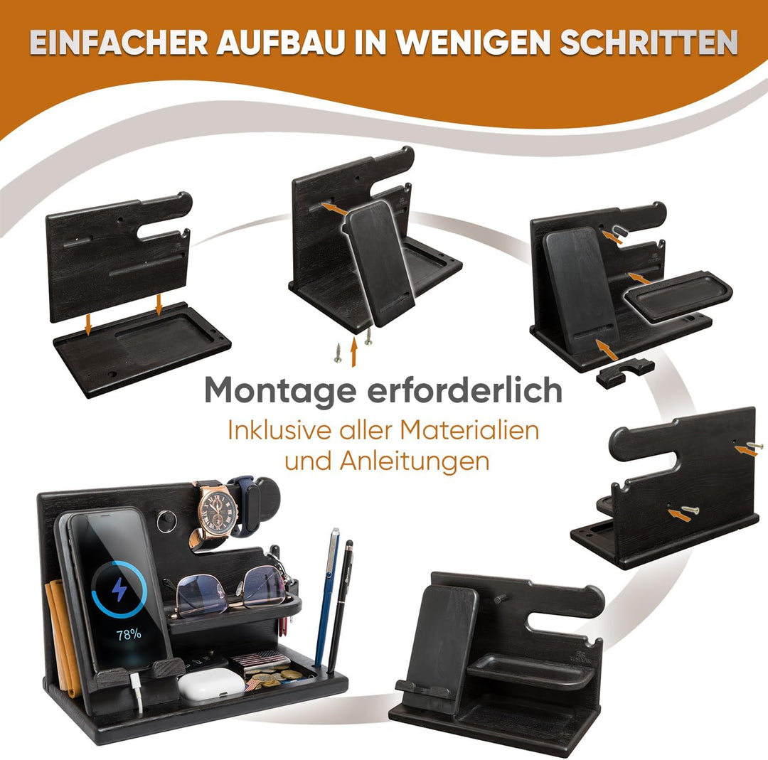 TESLYAR Männer Docking Station & Schreibtisch Organizer Holz mit Handyständer Schwarz für Büro Aufbe