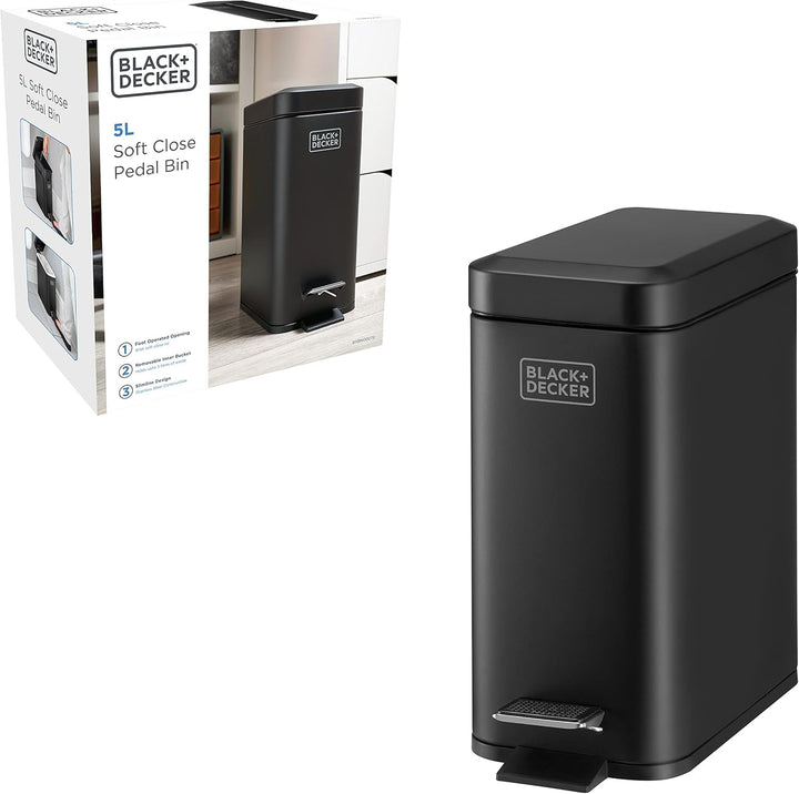 BLACK+DECKER BXBN0007E Treteimer mit sanft schliessendem Deckel, Edelstahl, 30 x 14 x 29 cm, 5 l, Sc
