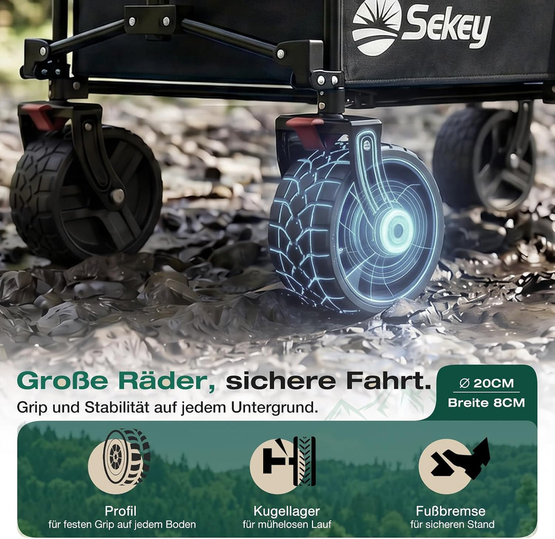 Sekey XXL Plus Bollerwagen Faltbar mit Bremsen 200L 200KG Belastbar, Extra Breite Reifen All Terrain