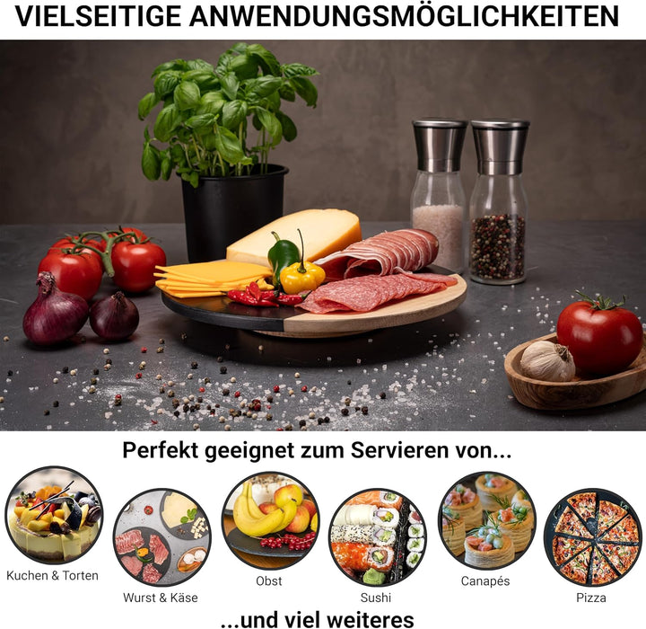 drehbare Schieferplatte mit Edelholz rund Servierplatte Kuchenplatte Wurstplatte Käseplatte Schiefer