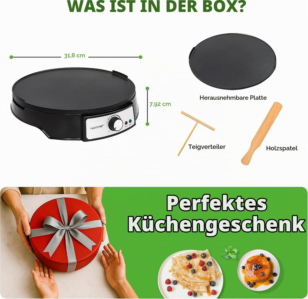 NutriChef Crepes Maker 30 cm mit Abnehmbarer Wendeplatte - Antihaft Oberfläche, LED Anzeige und Temp