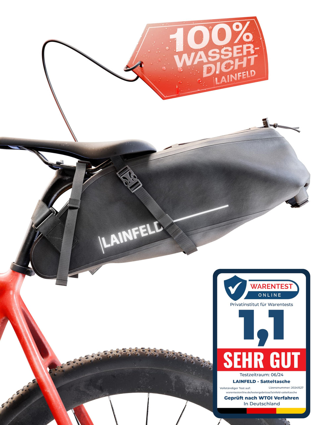 Fahrrad Satteltasche [10 Liter] | 100% Wasserdicht | Reflektierender Aufdruck - Bikepacking E-Bike M