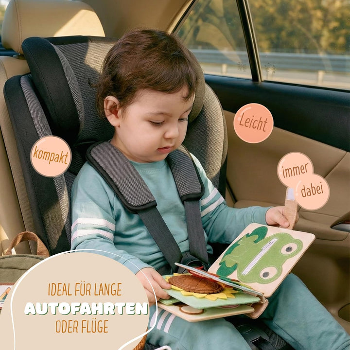 Mini Quiet Book Löwe – Handgefertigtes Filz-Sensorikbuch mit Fühlelementen – Bildschirmfreies Spielz