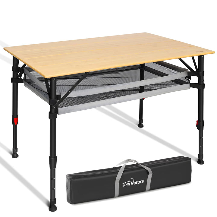 Join Nature Campingtisch Klappbar Bambus Stufenlos Höhenverstellbar 47–65cm Aluminiumgestell mit Tra