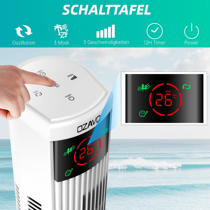 OZAVO Turmventilator mit Fernbedienung | Touchscreen | 3 Stufen | 3 Modi | 12h Timer | 70° Osziliere
