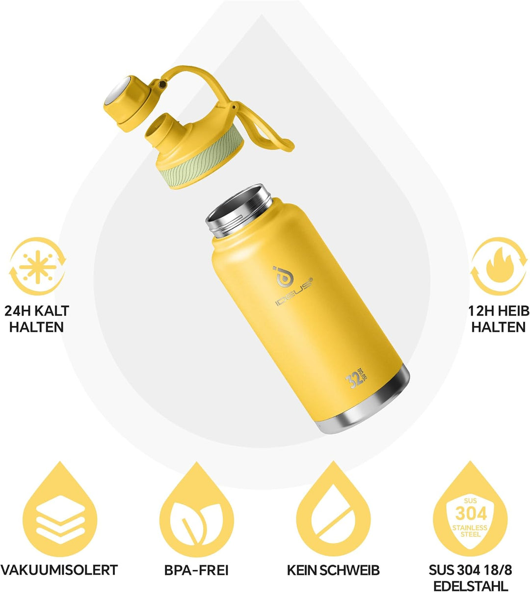 IDEUS Vakuumisolierte Wasserflasche, 32 Oz (950 ml) Edelstahl Doppelwand Flasche Metall Sport Kantin