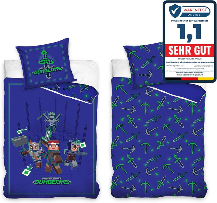 Minecraft Bettwäsche Set für Jungen · Kinderbettwäsche 135x200 80x80 cm aus 100% Baumwolle · Motiv m