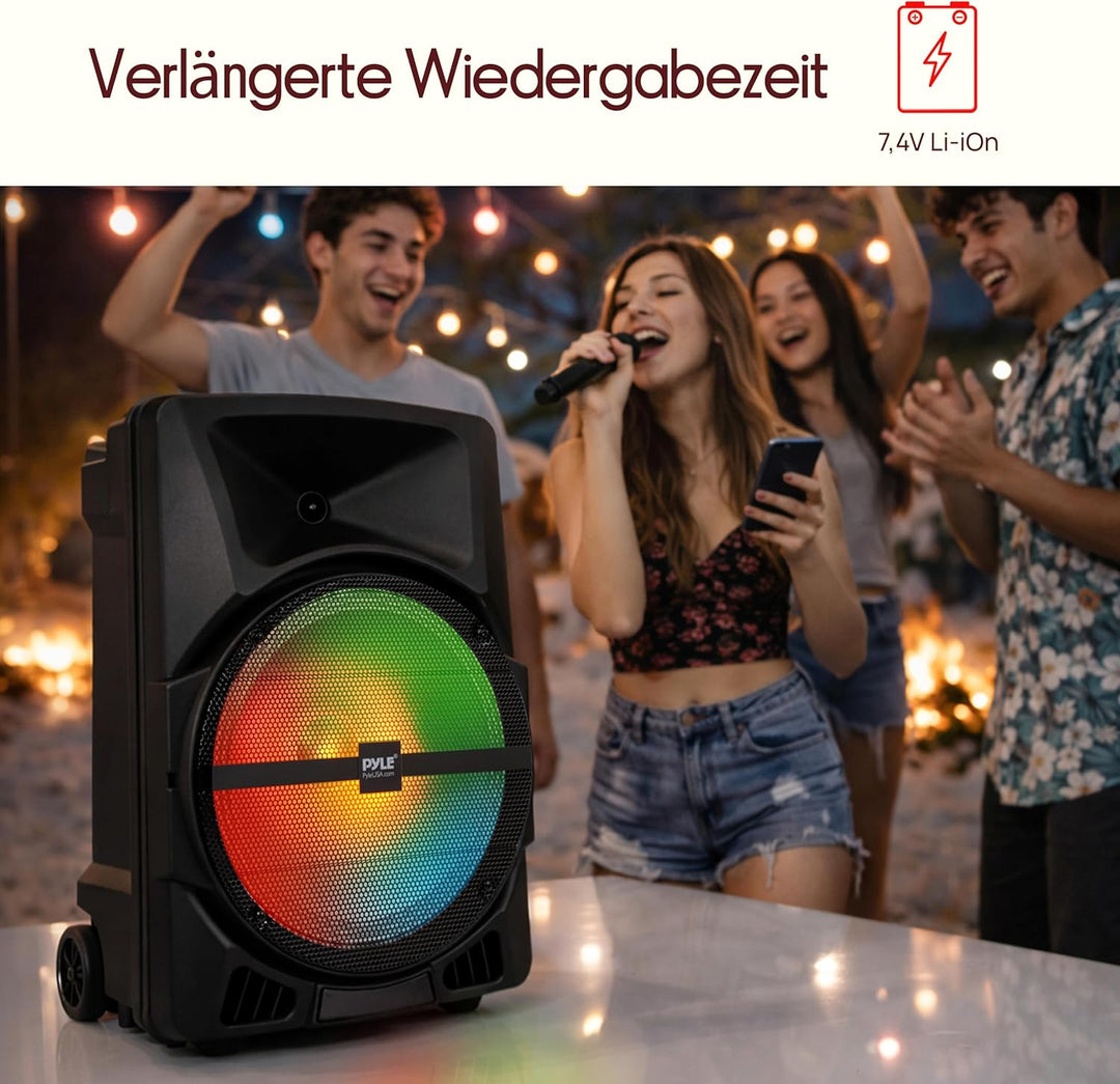 Pyle Musikbox Bluetooth Gross, 800W Party Lautsprecher mit DJ- Lichtern, Teleskopgriff & Rollen, FM,