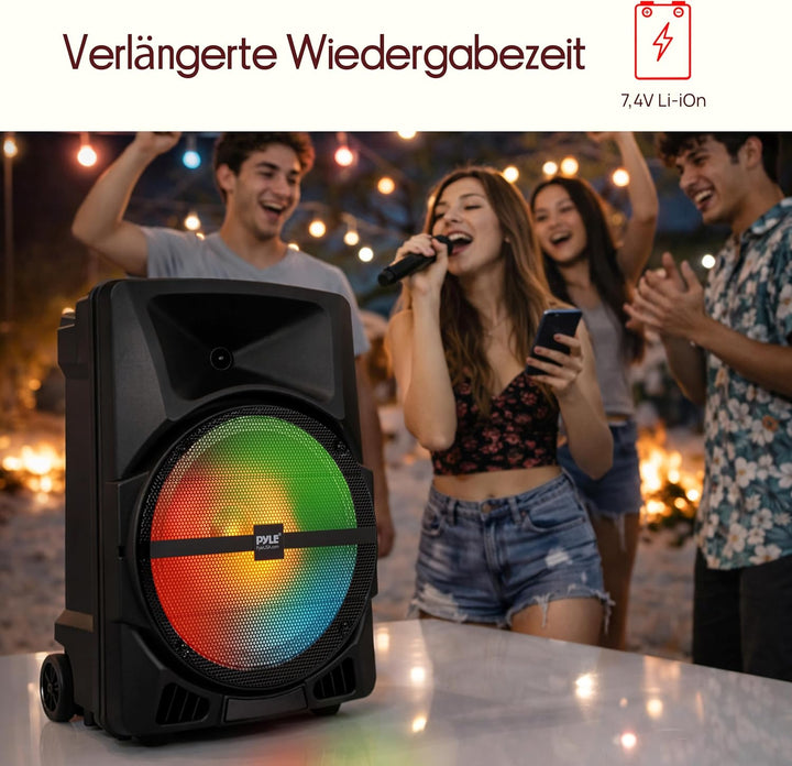 Pyle Musikbox Bluetooth Gross, 800W Party Lautsprecher mit DJ- Lichtern, Teleskopgriff & Rollen, FM,
