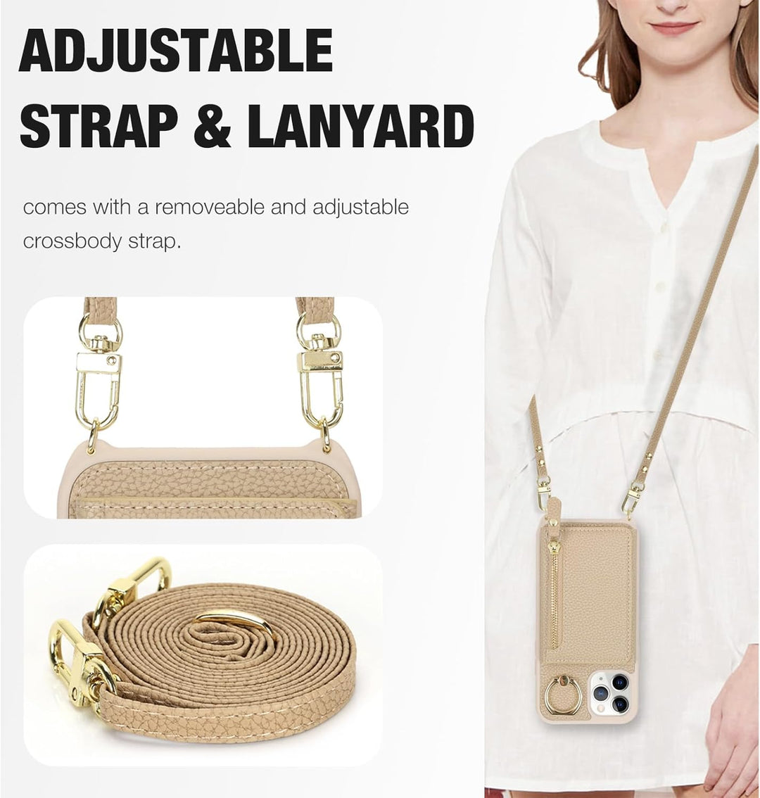 ELTEKER Handyhülle für iPhone 12 Mini Hülle mit Band Kartenfach Handykette Ringhalterung Geldbörse,L