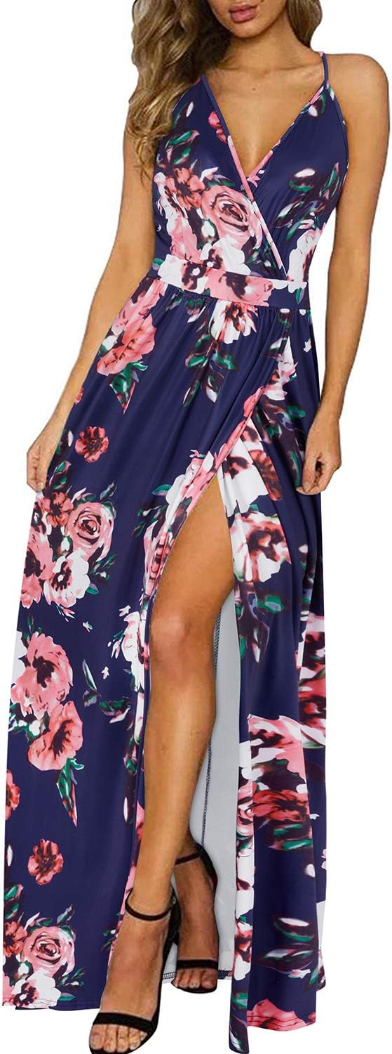 OUGES Damen Sommerkleid V-Ausschnitt Maxikleid Rückenfreies High Waist Spaghetti Strap Freizeitkleid