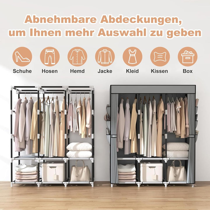 Kleiderschrank, Stoffschrank, Kleiderschränke mit Abdeckung, 3 Kleiderstangen, 6 Ablageflächen und S