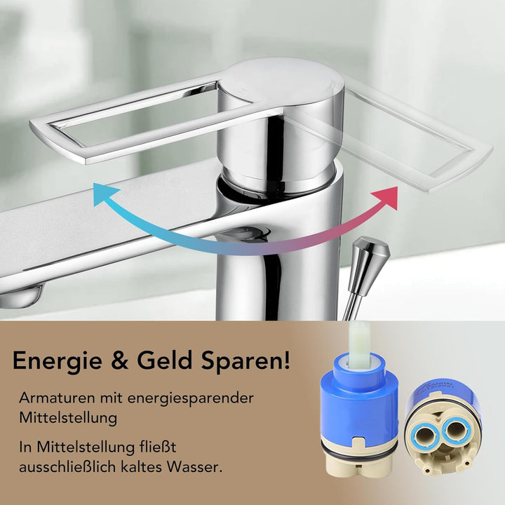 Wasserhahn Bad mit Zugstange, Einhebel-Waschtischarmatur mit Ablaufgarnitur, Chrom Einhandmischer Wa