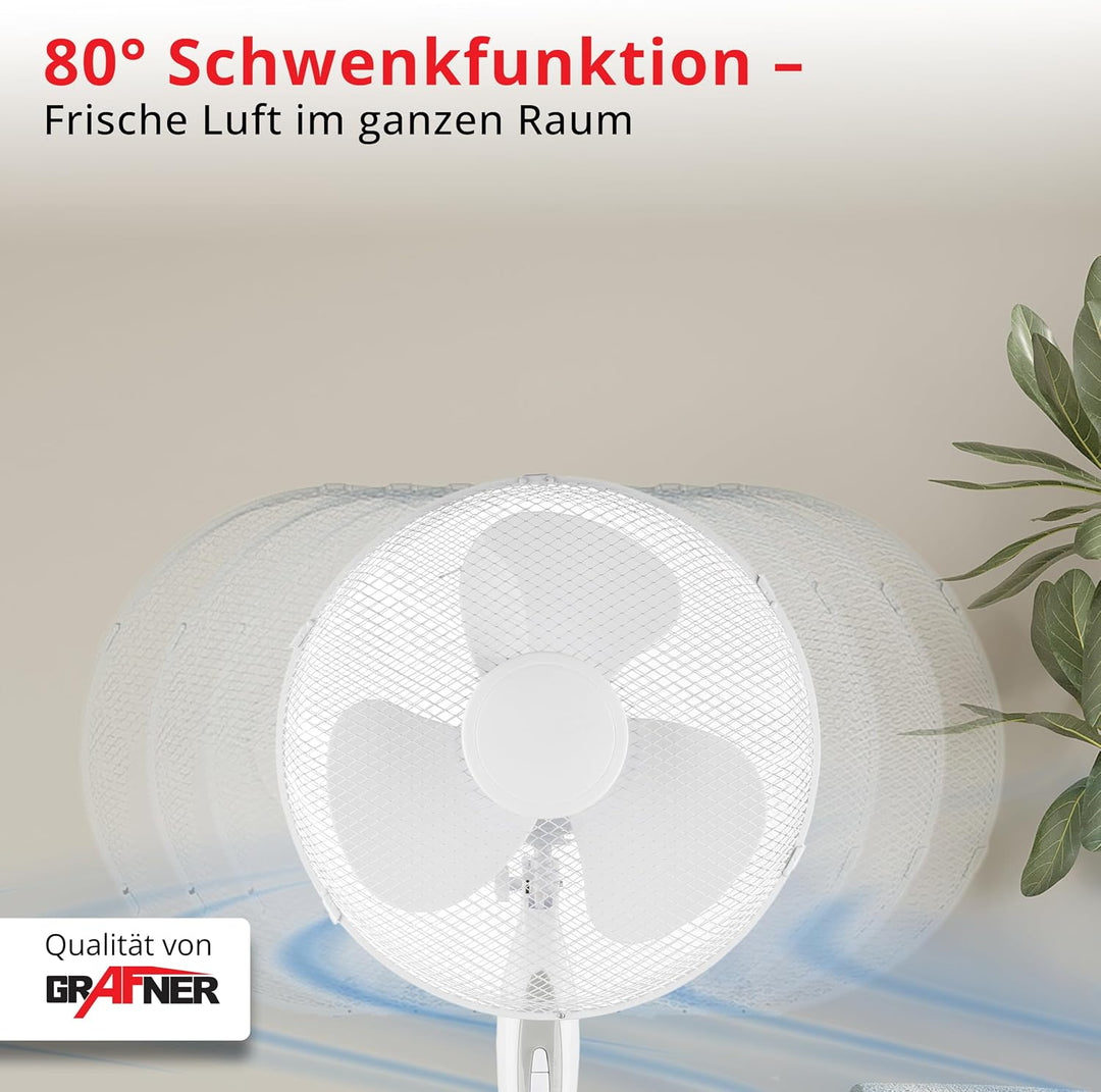 Grafner Standventilator 40 cm, 3 Geschwindigkeitsstufen, höhenverstellbar 105–120 cm, 80° Schwenkfun