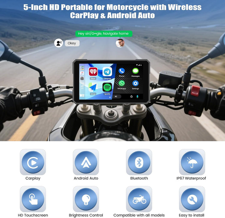 SIXWIN Motorrad Carplay Display für Moto mit Wireless Carplay Android Auto, 5'' HD Touchscreen Bilds