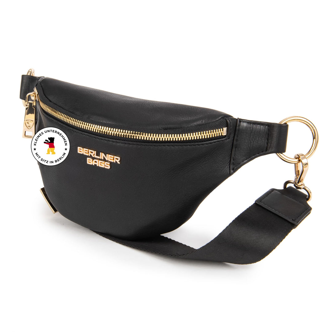 Berliner Bags Premium Bauchtasche Mona Fanny Pack aus Leder Umhängetasche Damen Herren (Schwarz/Gold