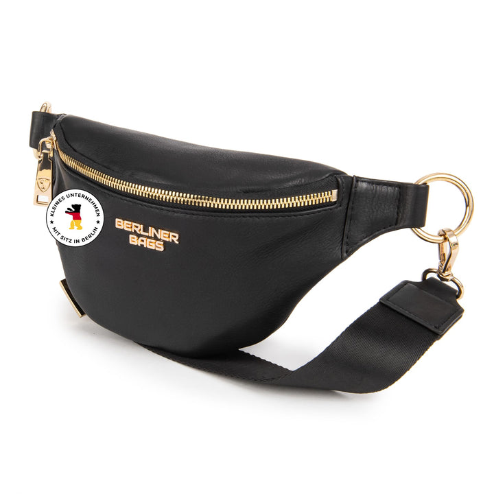 Berliner Bags Premium Bauchtasche Mona Fanny Pack aus Leder Umhängetasche Damen Herren (Schwarz/Gold