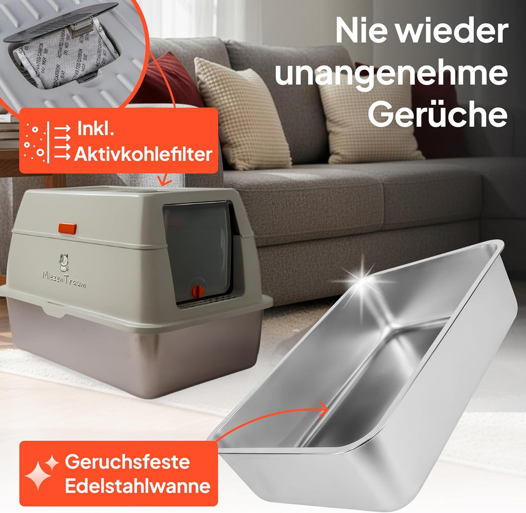 Katzenklo Katzentoilette Edelstahl - Premium XXL Katzenklo mit Deckel, Hochwertige Edelstahl Wanne,