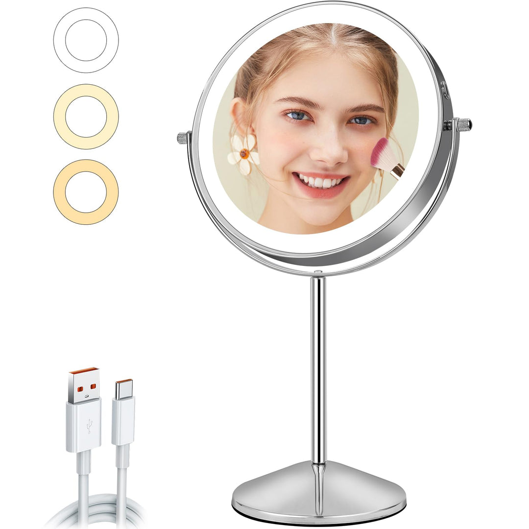 8 Zoll Schminkspiegel mit Beleuchtung,1X/10X Kosmetikspiegel, Doppelseitiger Tischspiegel, USB Wiede