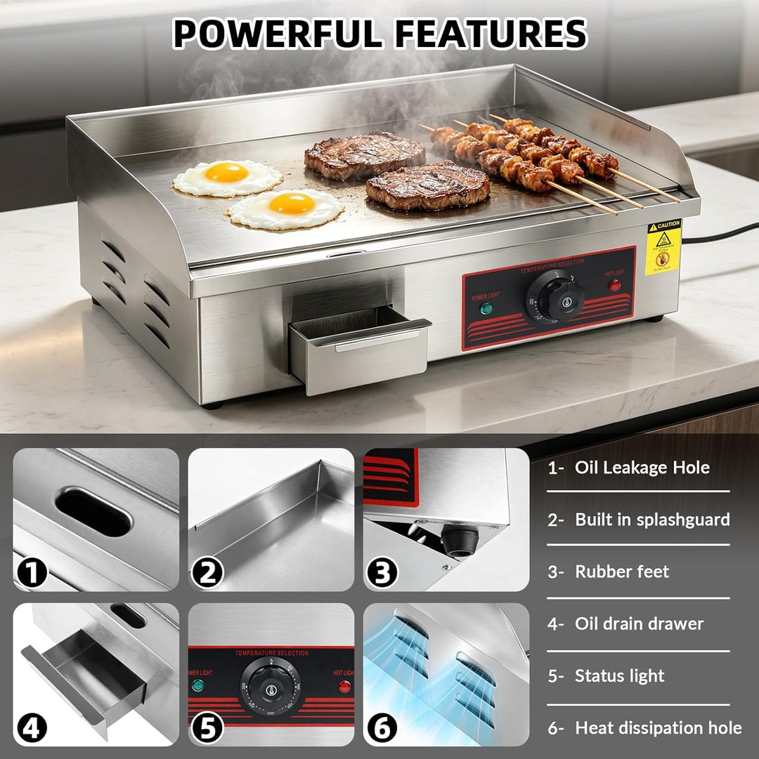 Grillplatte Elektrisch 3000W, Kommerzielle Elektrische Grillplatte Edelstahl Grillfläche Flach 55x41