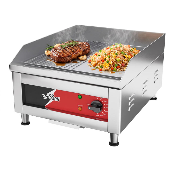 CROSSON Profi Gastro Grillplatte Elektrisch mit halb glatter und halb gerillter Grillfläche (40 x 40