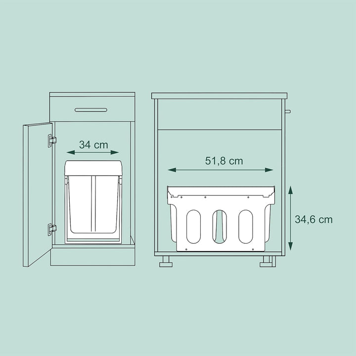 Relaxdays Einbaumülleimer, 2 Fächer, 2X 15 l, HxBxT: 34,6 x 34 x 51,8 cm, ausziehbar, Müllsystem Unt