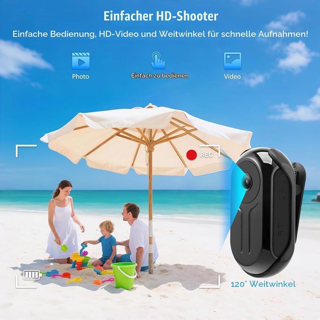 Bodycam, Mini Action Cam mit 64 GB Speicherkarte 1080P Wearable Actionkameras Wasserdichter POV Kame