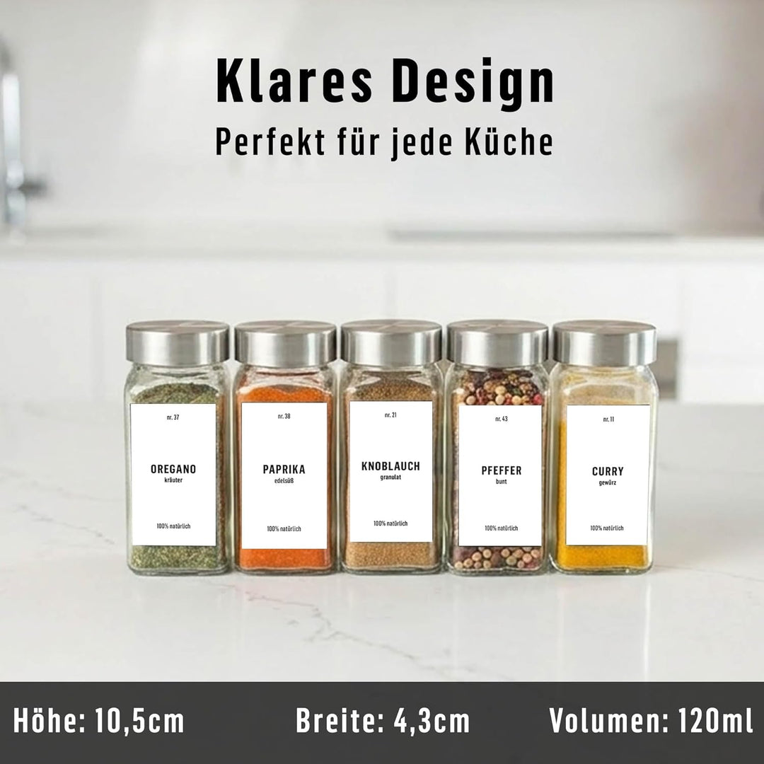 Deco haus® Gewürzgläser eckig mit Schraubkappe 36er Set [+Etiketten &amp; Streueinsatz] - Gewürzdosen Se