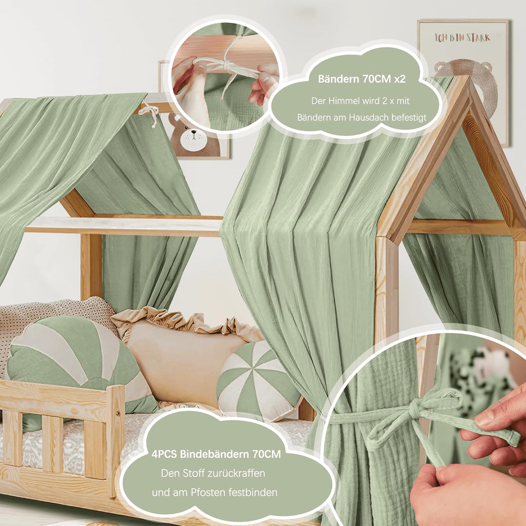 Hausbett Himmel Deko Set, Betthimmel Hausbett aus Musselin - 2 Betthimmel & 1 Wimpelkette, für Junge