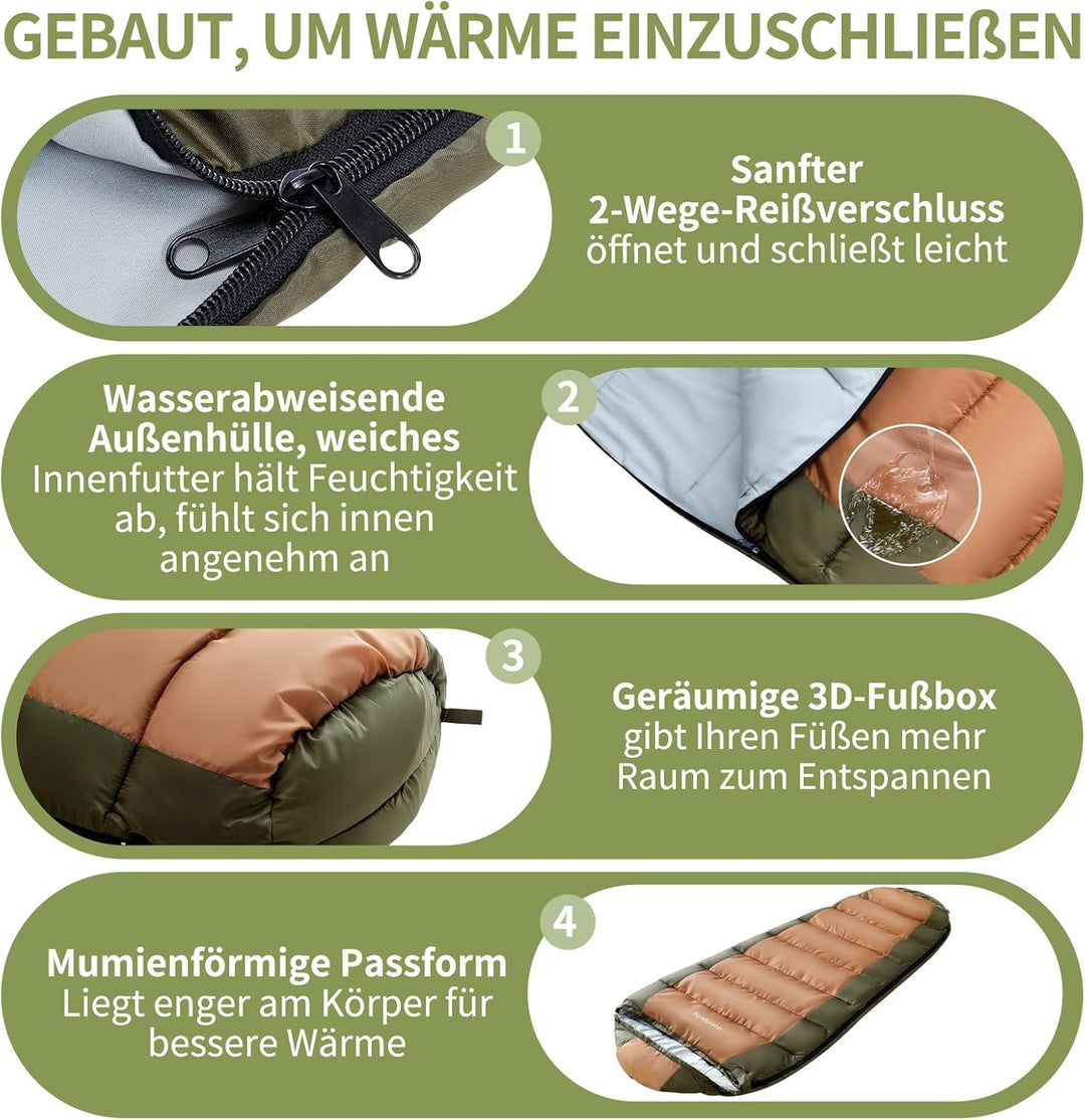 Schlafsack Erwachsene, 3-Jahreszeiten Mumienschlafsack Outdoor, wasserabweisender Camping Schlafsack