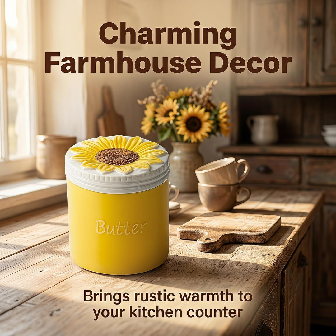 Butterdose mit Sonnenblumen-Motiv, französische Butterdose, Keramikbecher, Butterhalter mit Wasserli