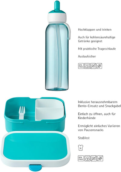 Mepal Lunchset Campus Flip-up Trinkflasche Wasserflasche für Kinder mit Strohhalm Bento-Brotdose mit