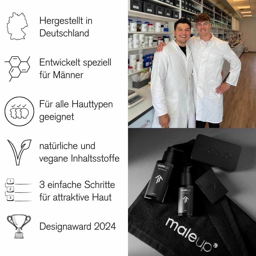 MaleUp – Komplett Set für Männer Mittel – Face Cleanser, Face Cream, 2x Concealer, Metallcase – Kasc