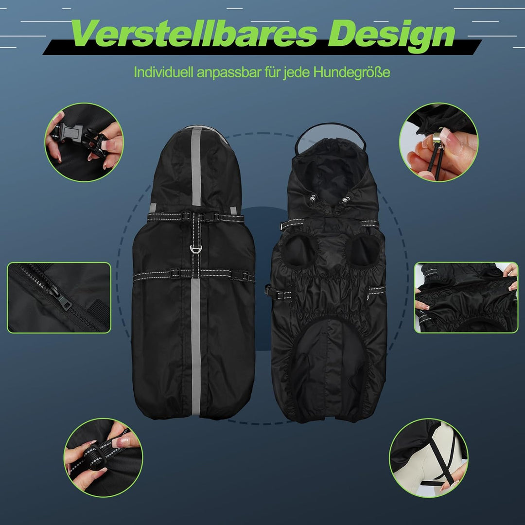 Hunderegenmantel wasserdicht, Regenjacke mit reflektierenden Streifen, H-Brustgeschirr (D-Ring) & Ab