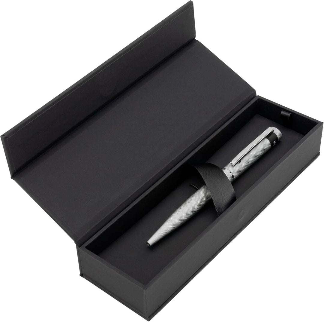 Hugo Boss Loop Diamond Kugelschreiber aus Messing in der Farbe Chrome, Länge: 14,6cm, Minenfarbe: Bl