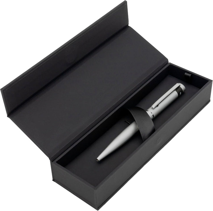 Hugo Boss Loop Diamond Kugelschreiber aus Messing in der Farbe Chrome, Länge: 14,6cm, Minenfarbe: Bl