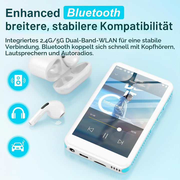 SWOFY D08 MP3 Player mit Bluetooth und WLAN, Android 13, 32GB, 4 Zoll Touchscreen, unterstützt Spoti