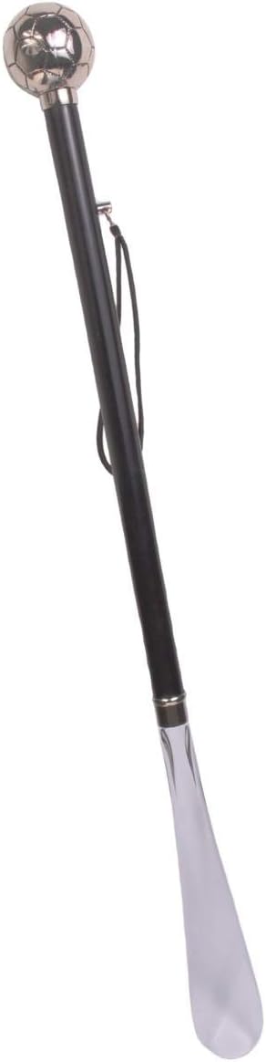 Design Schuhanzieher Schuhlöffel 70 cm mit silbernem Fussball als Griff, schwarzer Holzschaft