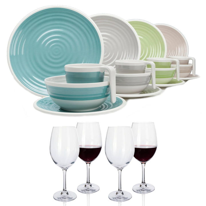 Melamin Camping Geschirr Set 1-4 Personen Harmonie 4-32 Teilig + Gläser Wassergläser Weingläser Cham