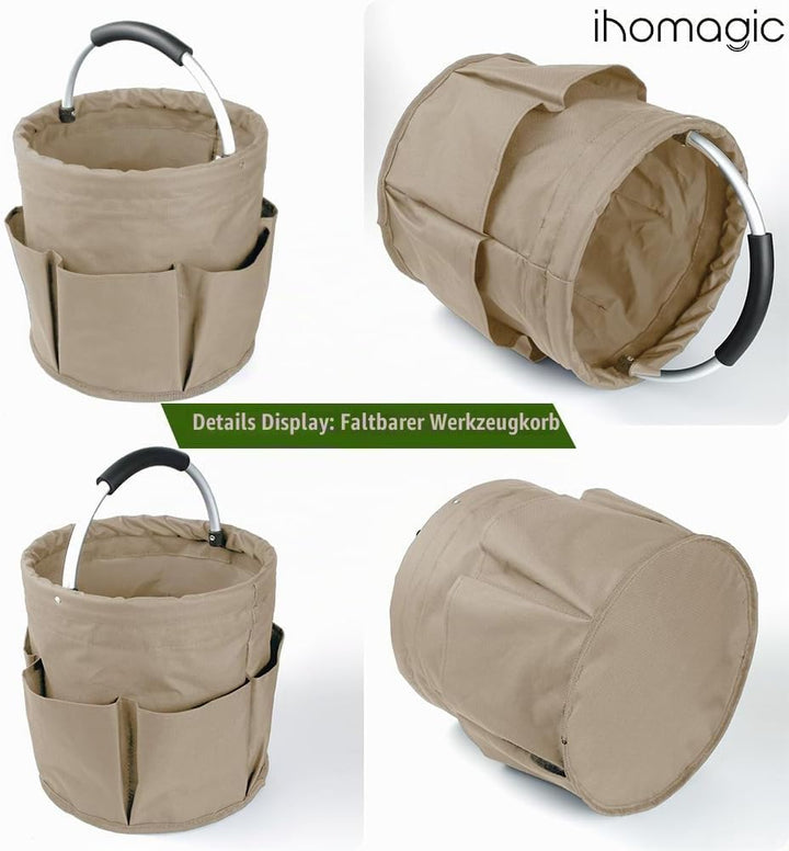 IHOMAGIC Freistehend Werkzeugkorb, Faltbare Aufbewahrungsbox, Gartenwerkzeuge Tasche, 1 Hauptfach mi