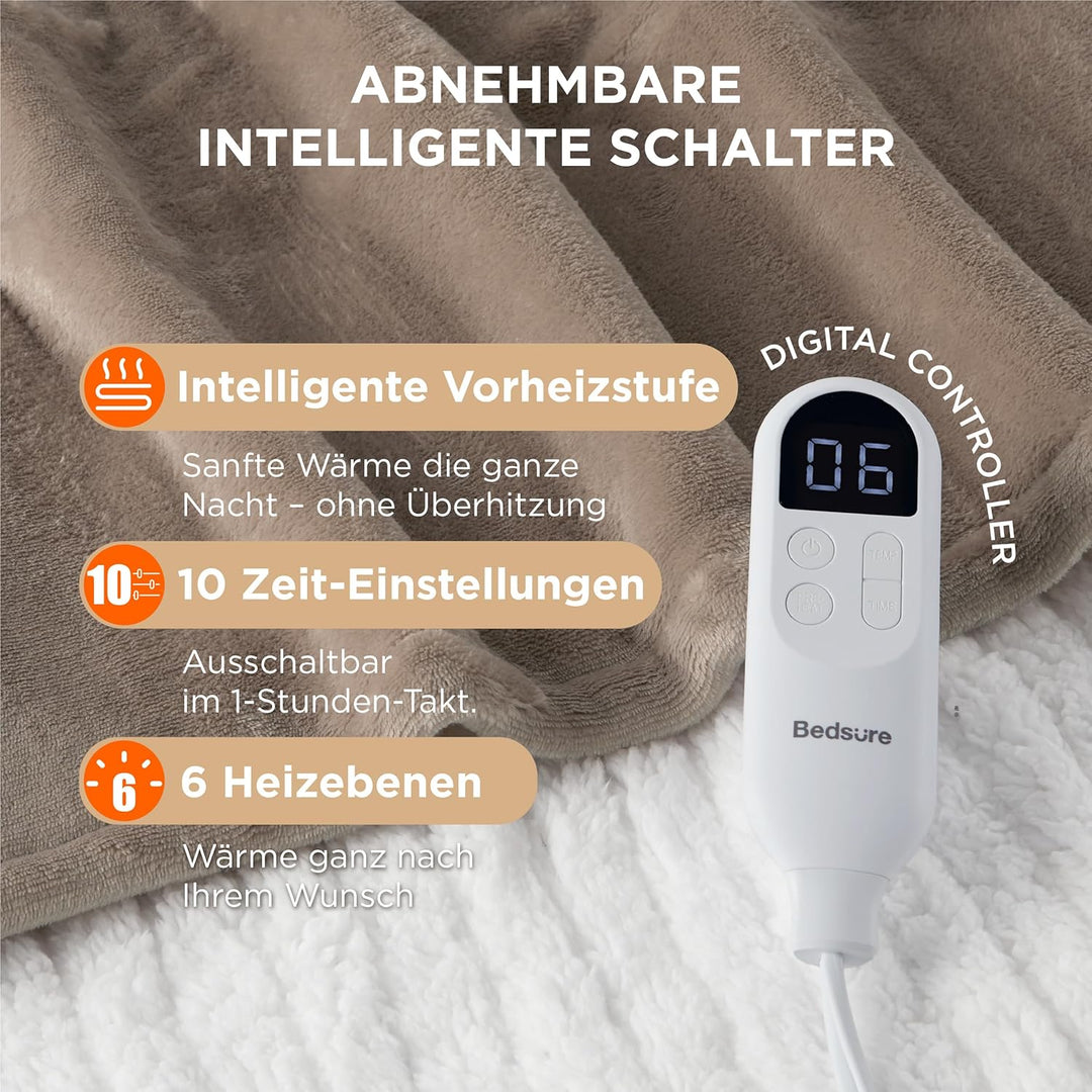 BEDSURE Heizdecke mit Abschaltautomatik 130x180cm - Wärmedecke mit 6 Heizstufen & 10 Stunden Timer,
