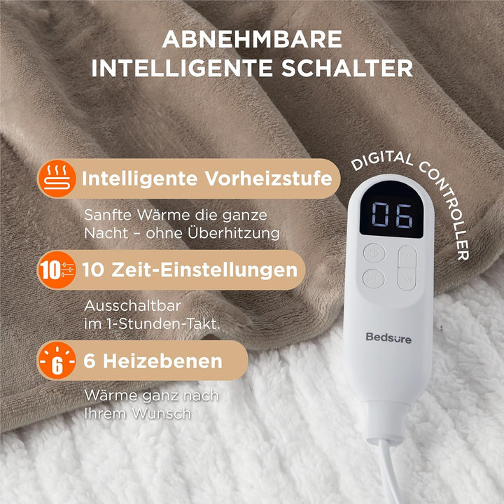 BEDSURE Heizdecke mit Abschaltautomatik 130x180cm - Wärmedecke mit 6 Heizstufen & 10 Stunden Timer,