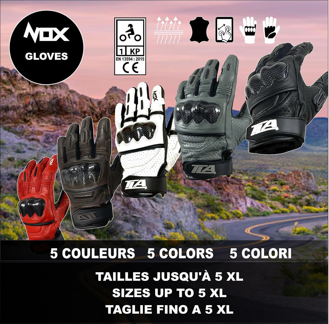 TLA NOX Leder-Motorradhandschuhe mit CE-geprüftem Knöchelschutz, Grössen bis 4XL für Männer und Frau