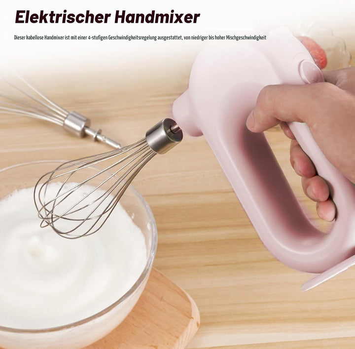 Elektrischer Handmixer: Rosa Handrührgerät mit 4 Stufen, Kabelloser Mixer Handrührer mit 2 Edelstahl