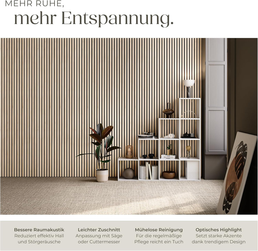 tectake® Akustikpaneele Echtholzfurnier 2er Set, effektiver Schallschutz, MDF Holzlamellen, Schalldä