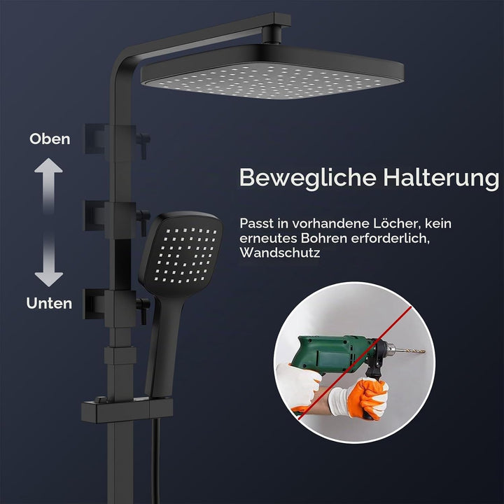 HOMELODY Duscharmatur mit Thermostat &amp; Duschablage - Duscharmatur Komplettset Schwarz mit Handbrause