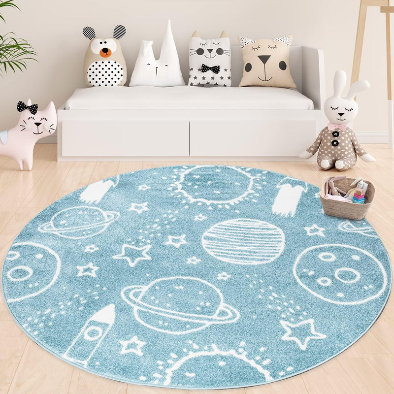 payé Teppich Kinderzimmer Rund - Blau - 120x120cm - Galaxy Unviersum Weltall Stern Rakete Spielteppi